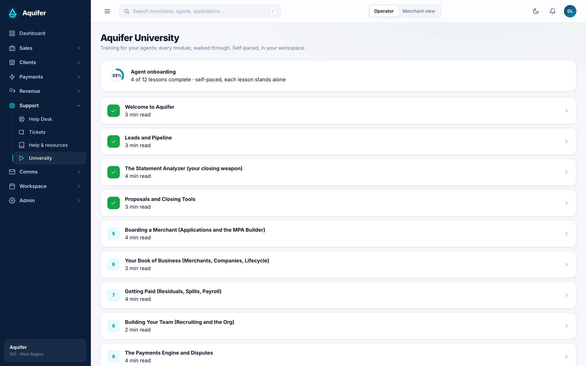 AquiferHQ University inside the CRM — the agent onboarding course with progress tracking and self-paced lessons