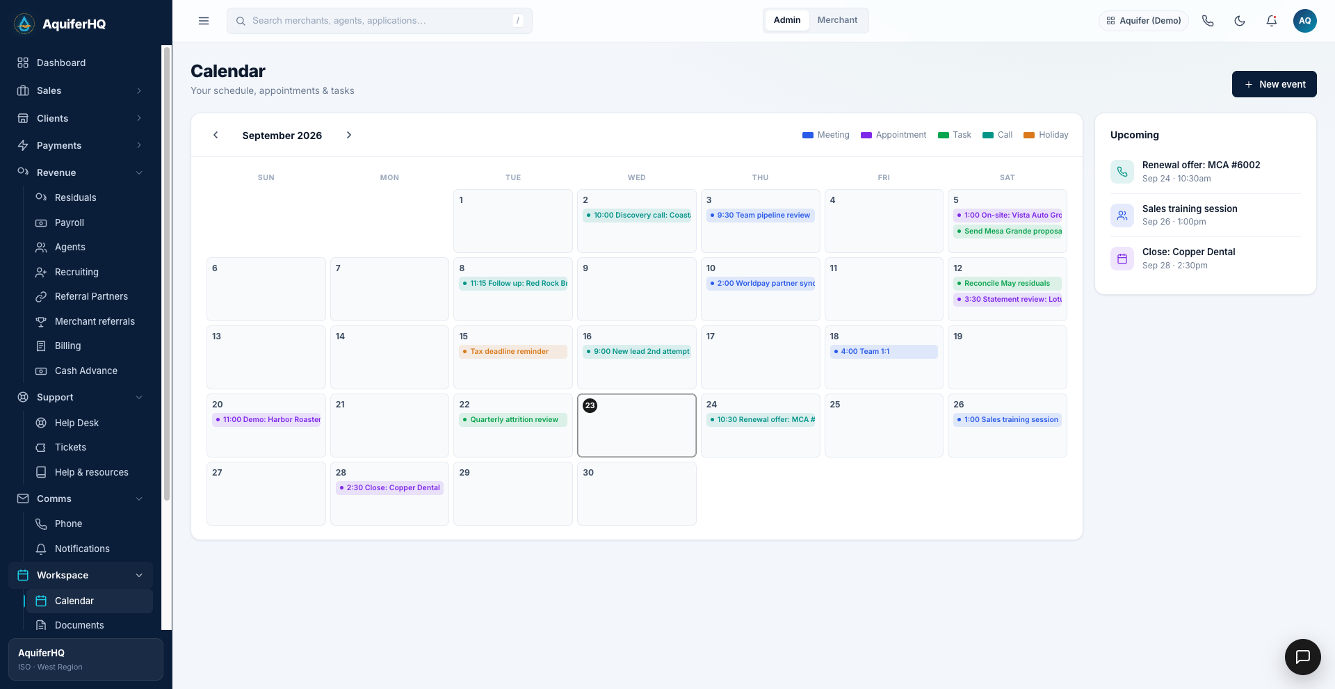 Calendar in AquiferHQ