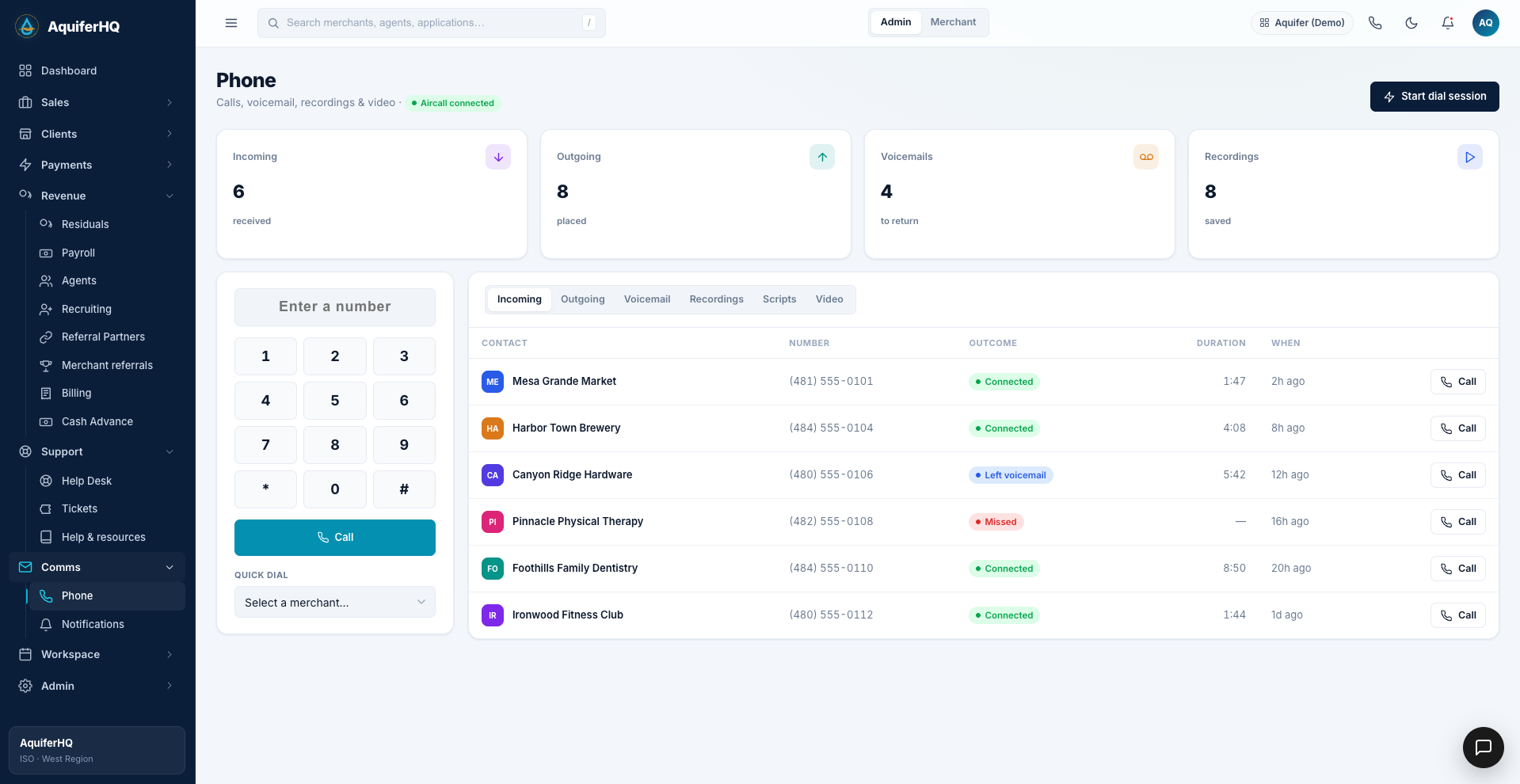 Phone & dialer in AquiferHQ